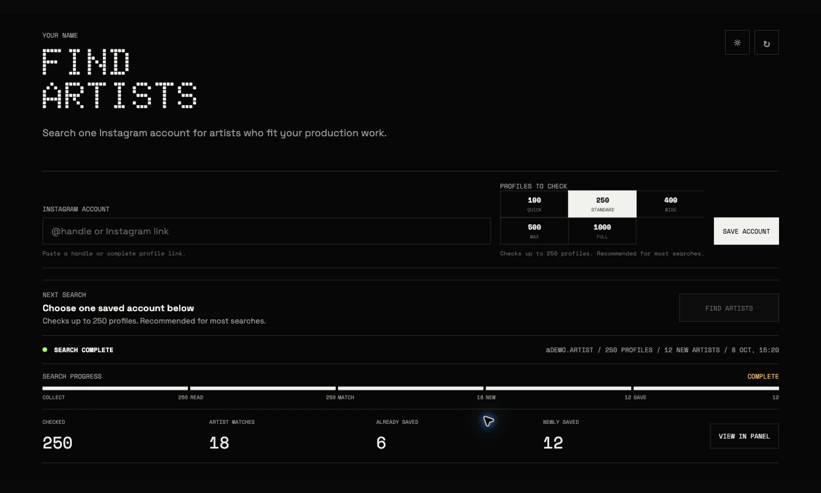 Artist finder search screen