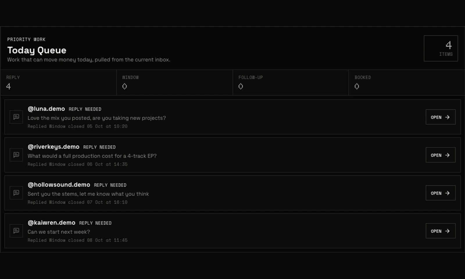 Inbox queue showing replies and follow-ups